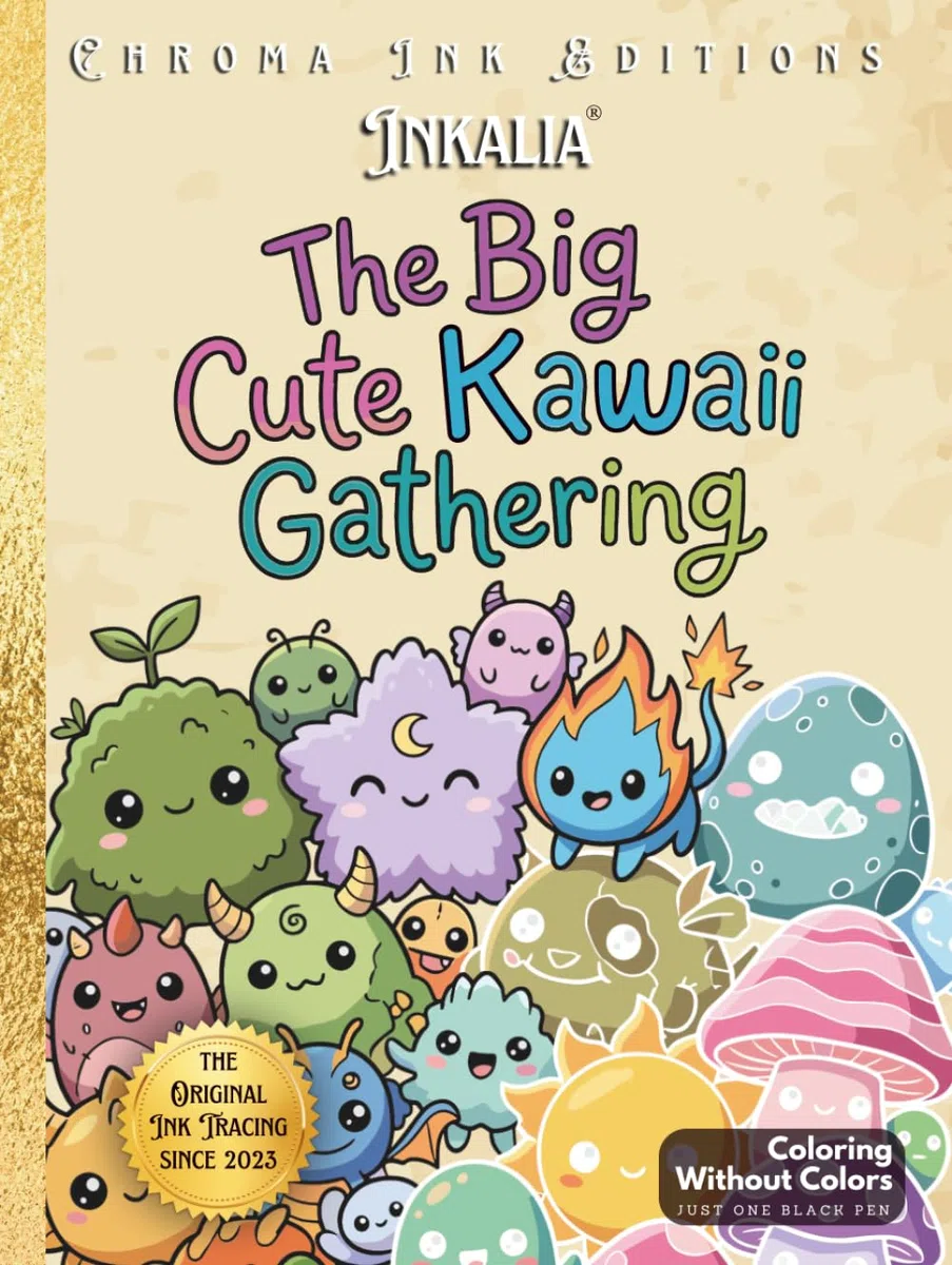 Inkalia The Big Cute Kawaii Gathering: Bold and Easy Coloring Book for Adults: An Ink Tracing Coloring Book with Kawaii Creatures and Cozy Cuties | Bold and Easy Relaxing Designs for Adults and Teens