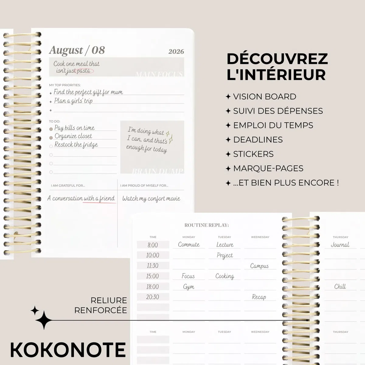 Kokonote - Agenda Scolaire 2026 2027 Journalier Marron | Planner avec Spirale, Agenda 2026 2027 Étudiant ou Professionnel, Fourniture Scolaire Université