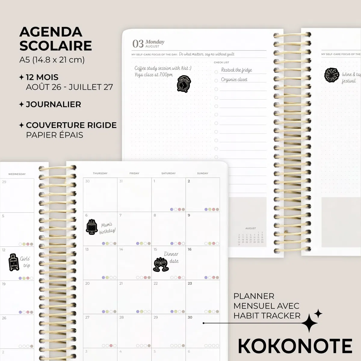 Kokonote - Agenda Scolaire 2026 2027 Journalier Gris | Planner avec Spirale, Agenda 2026 2027 Étudiant ou Professionnel, Fourniture Scolaire Université
