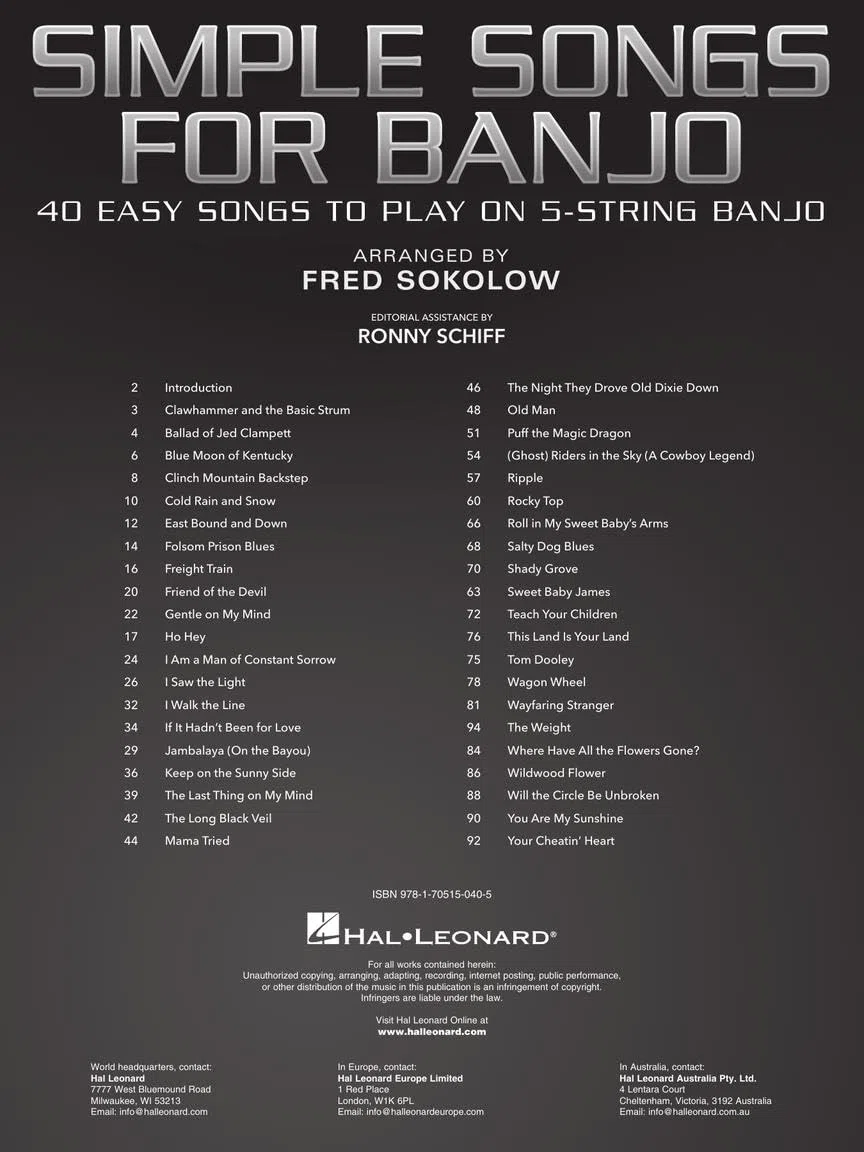 Simple Songs for Banjo. 40 Easy Songs to Play on 5-String Banjo.