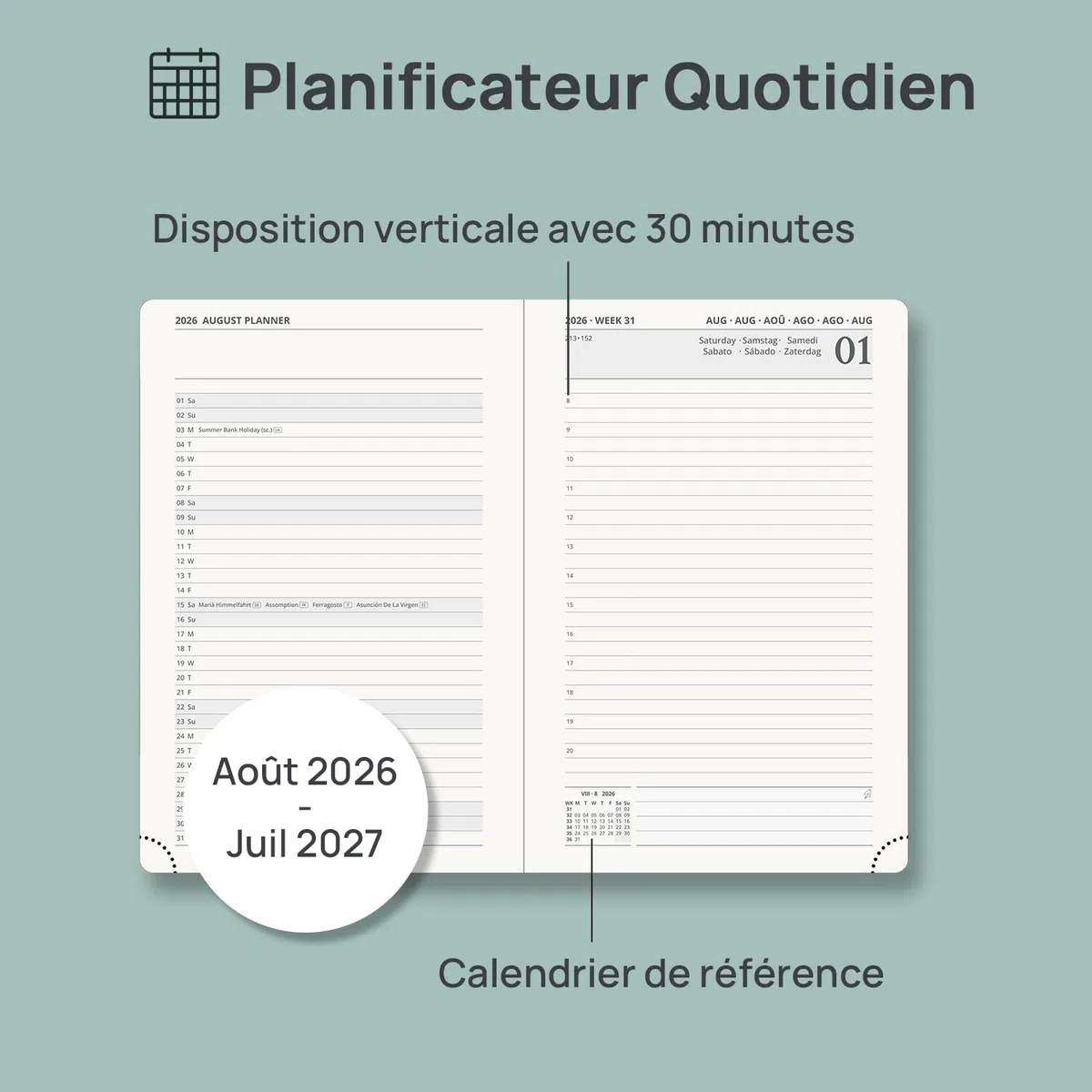 POPRUN Agenda 2026 2027 Journalier A5 21,5 x 14,5cm，1 Page par Jour D'Août 2026 à Juil 2027 12 Mois，Planner Scolaire Couverture Rigide，Poche intérieure，Papier 80g/m²，Vert Pacifique