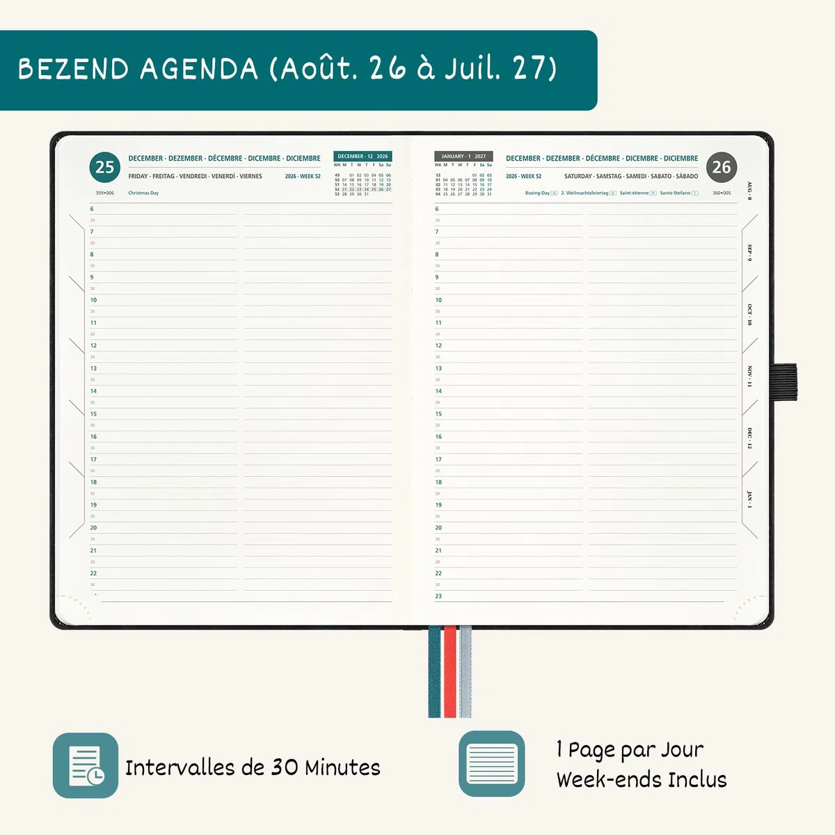 BEZEND Agenda 2026 2027 A4 Journalier 28 x 22 cm 12 Mois De Août. 2026 à Juil. 2027, Agenda Scolaire avec Intervalles de 30 Minutes, Porte-Stylo Fixe, Couverture Rigide en Cuir PU, Bleuet