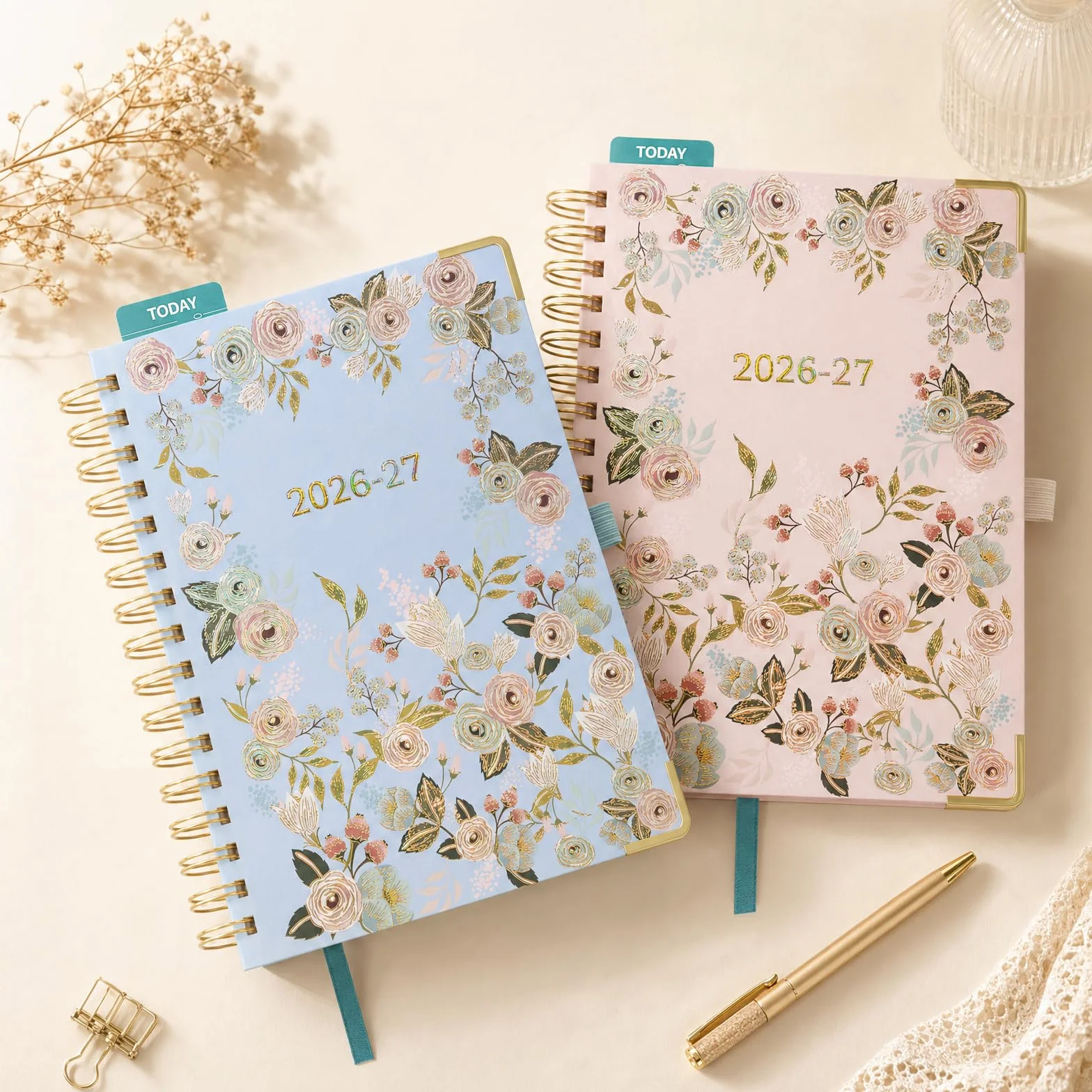 BEZEND Agenda 2026 2027 A5 Journalier Spirale 21 x 15,5 cm 12 Mois De Août. 26 à Juil. 27, Agenda Scolaire avec Intervalles de 30 min, Motif Floral, Règle Marque-Page, Couverture rigide, Rose