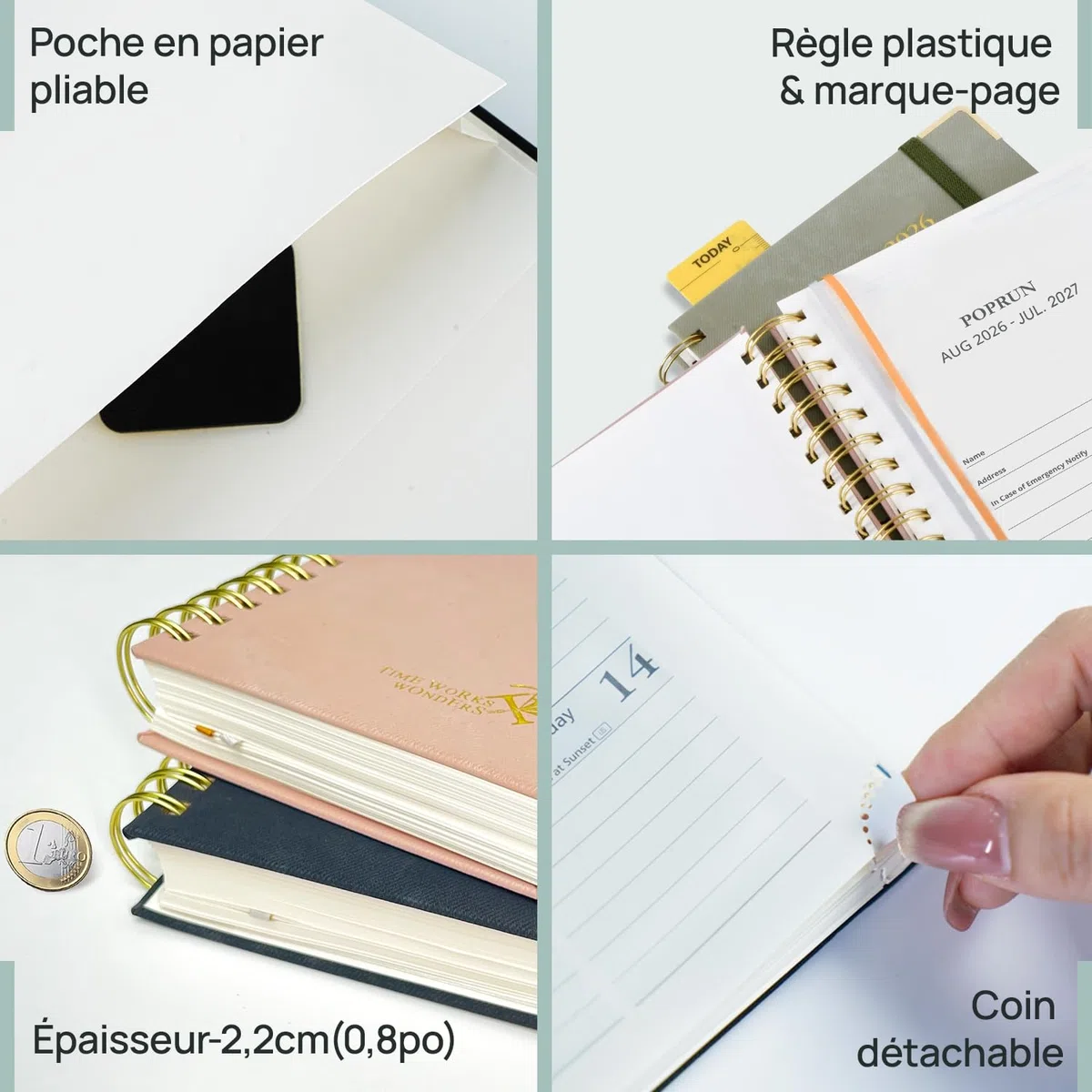 POPRUN Agenda 2026 2027 Journalier Scolaire 21,5 x 14,5 cm，1 Page par Jour D'Août 2026 à Juil 2027 12 Mois，couverture rigide en PU，Onglets Mensuels，Règle-signet，Papier 80g/m²，Vert Minuit