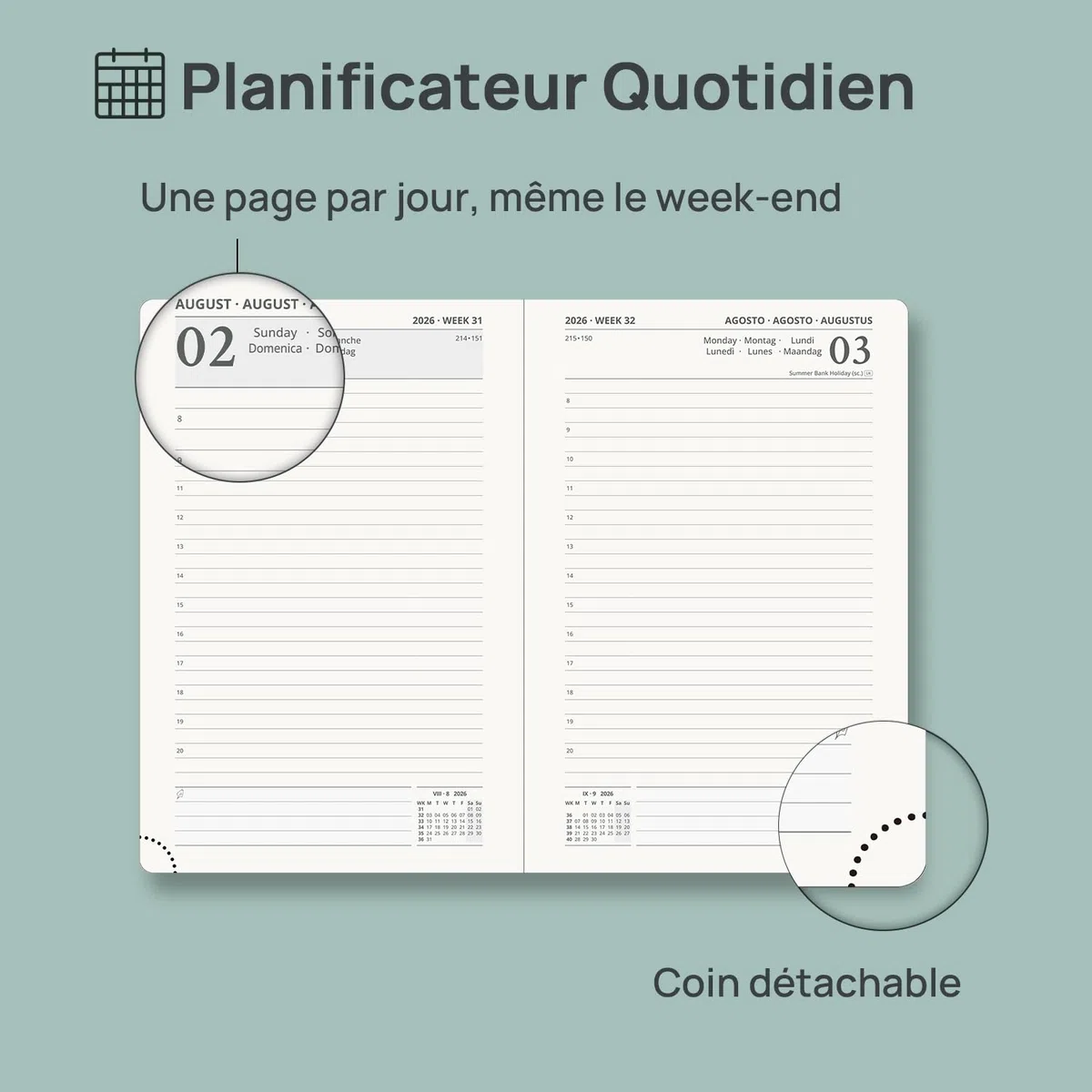 POPRUN Agenda 2026 2027 Journalier A5 21,5 x 14,5cm，1 Page par Jour D'Août 2026 à Juil 2027 12 Mois，Planner Scolaire Couverture Rigide，Poche intérieure，Papier 80g/m²，Vert Pacifique