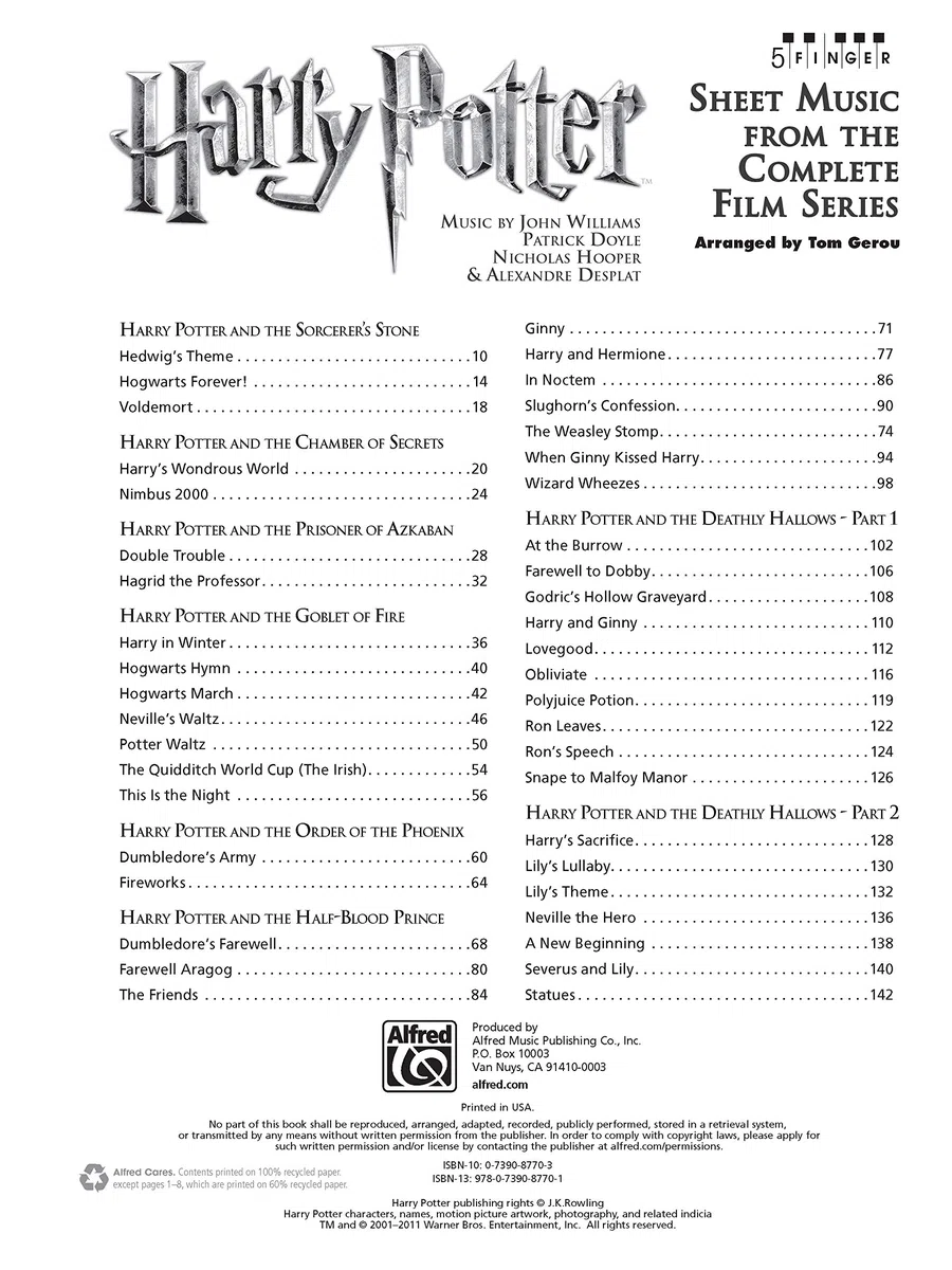 Harry potter music from the complete film series five finger piano bk