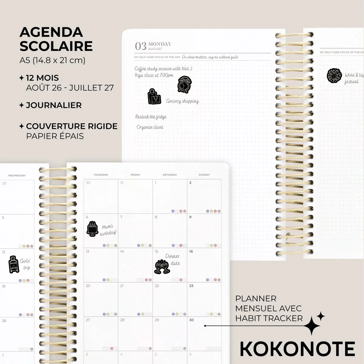 Kokonote - Agenda Scolaire 2026 2027 Journalier Marron | Planner avec Spirale, Agenda 2026 2027 Étudiant ou Professionnel, Fourniture Scolaire Université