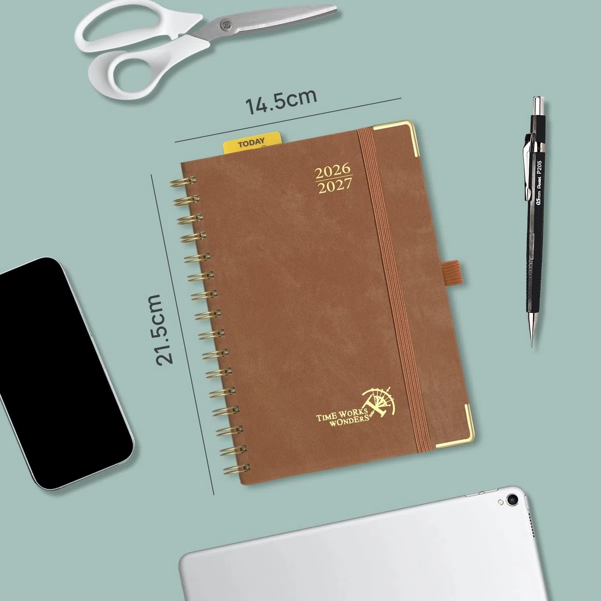POPRUN Agenda 2026 2027 Journalier Scolaire 21,5 x 14,5 cm，1 Page par Jour D'Août 2026 à Juil 2027 12 Mois，couverture rigide en PU，Onglets Mensuels，Règle-signet，Papier 80g/m²，Vert Minuit