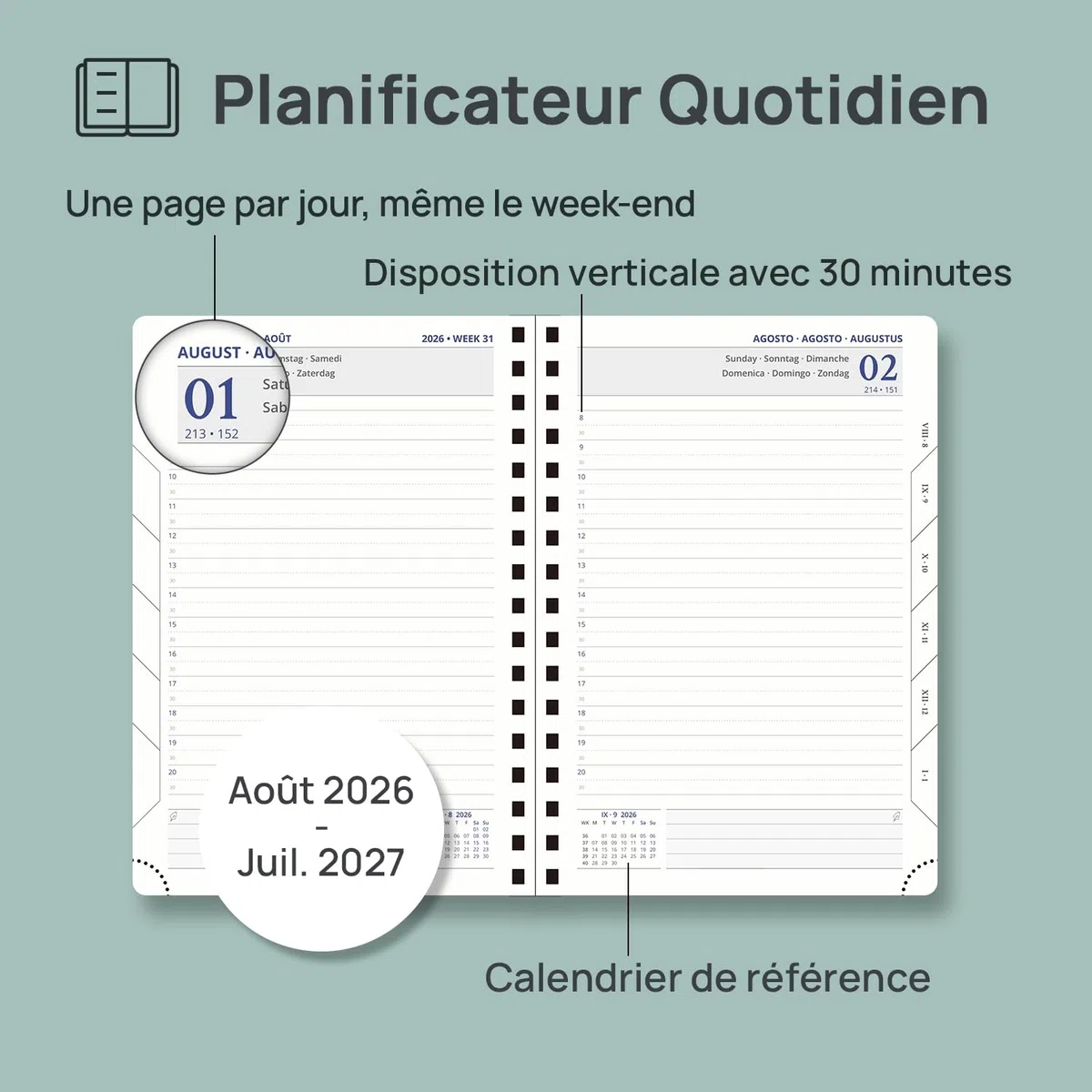 POPRUN Agenda 2026 2027 Journalier Scolaire 21,5 x 14,5 cm，1 Page par Jour D'Août 2026 à Juil 2027 12 Mois，couverture rigide en PU，Onglets Mensuels，Règle-signet，Papier 80g/m²，Vert Minuit